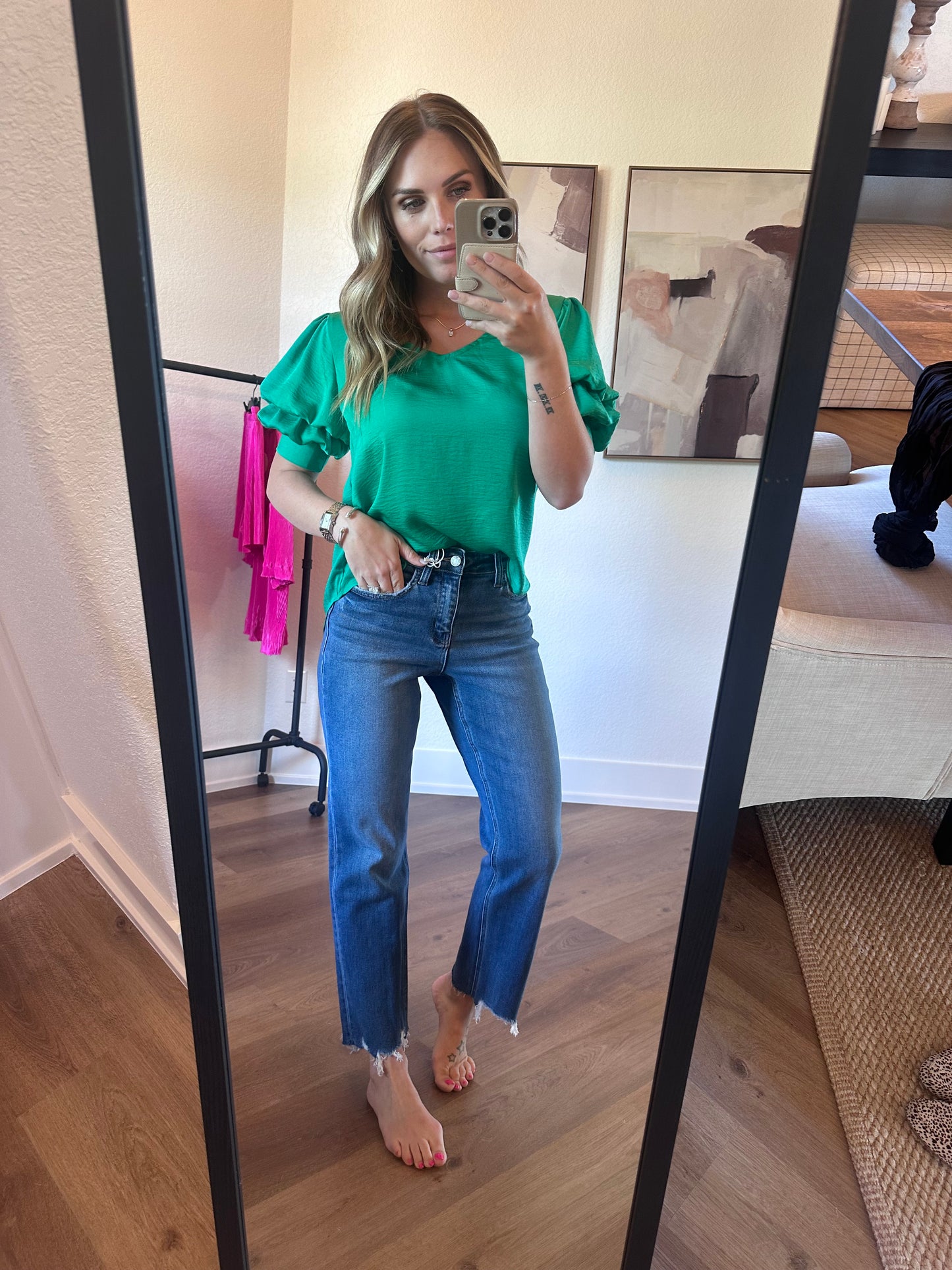 LAYERED BALLOON SLEEVE BLOUSE/KELLY GREEN