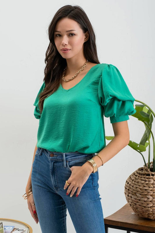 LAYERED BALLOON SLEEVE BLOUSE/KELLY GREEN
