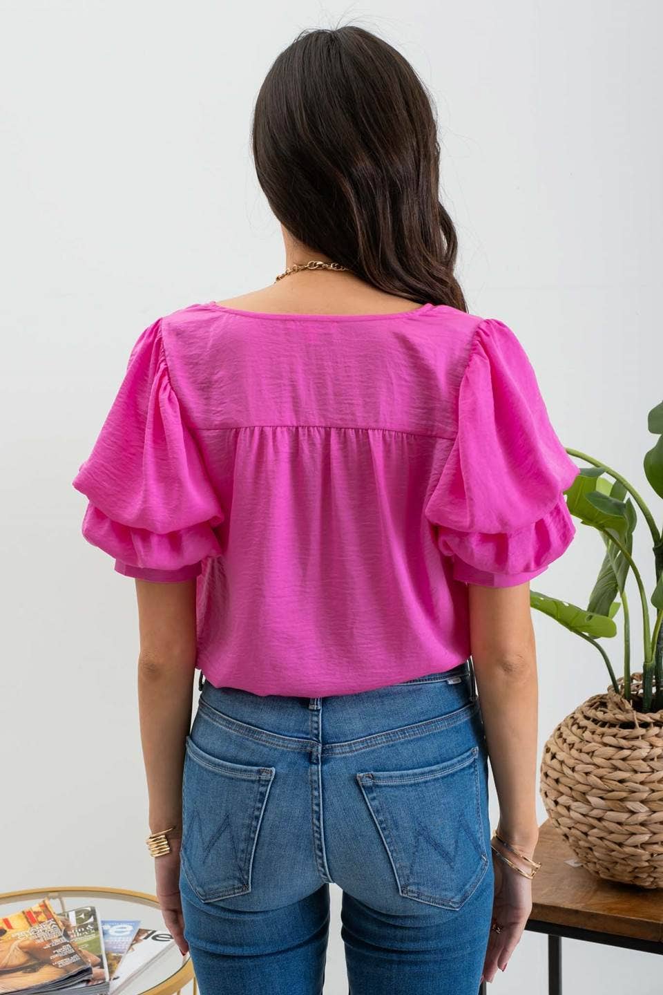 LAYERED BALLOON SLEEVE BLOUSE/HOT PINK