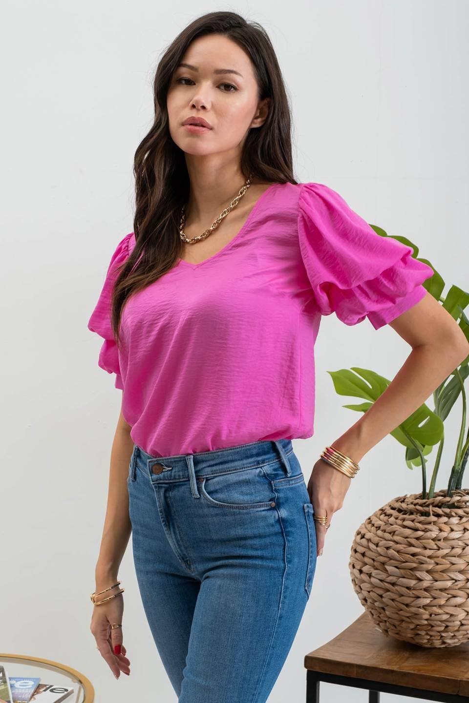 LAYERED BALLOON SLEEVE BLOUSE/HOT PINK