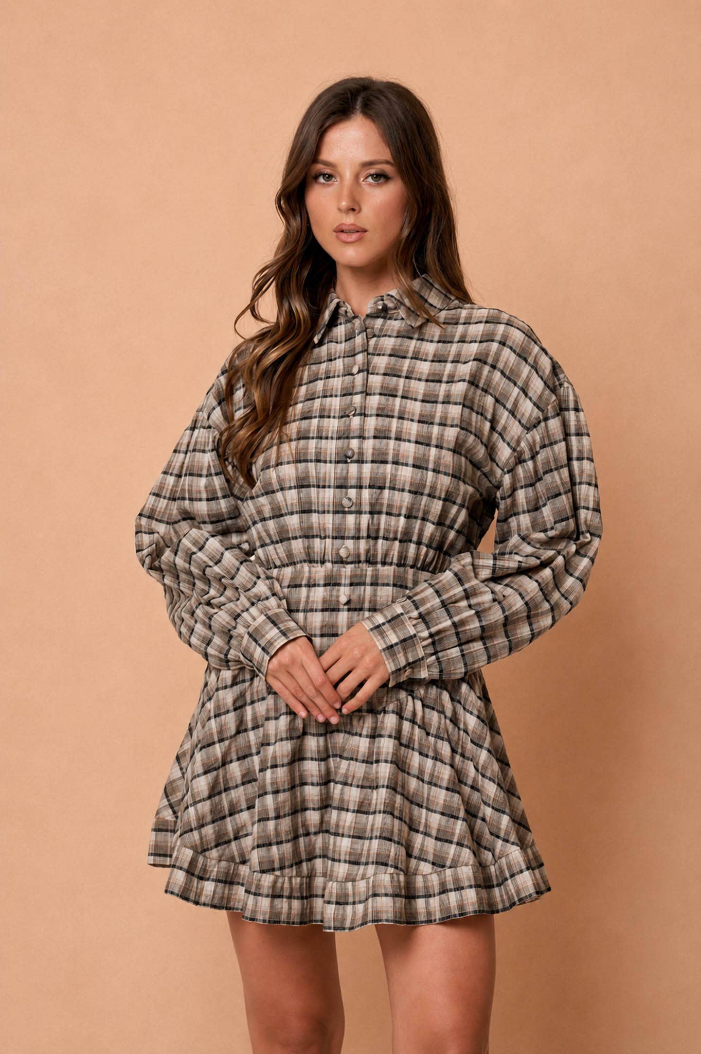 PLAID COLLARED LONG SLEEVE BASQUE WAIST MINI DRESS