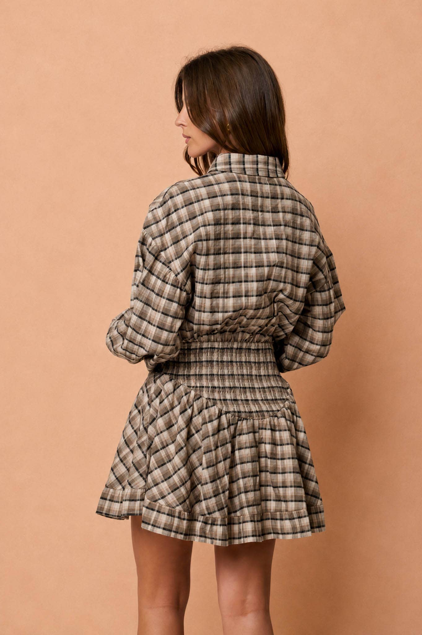 PLAID COLLARED LONG SLEEVE BASQUE WAIST MINI DRESS