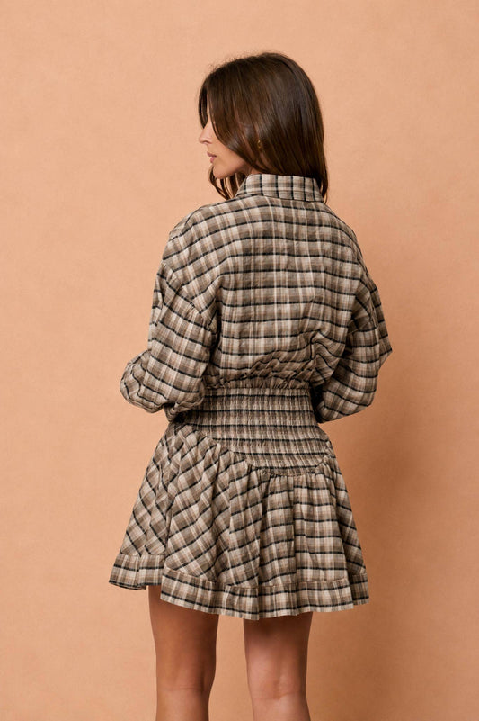 PLAID COLLARED LONG SLEEVE BASQUE WAIST MINI DRESS