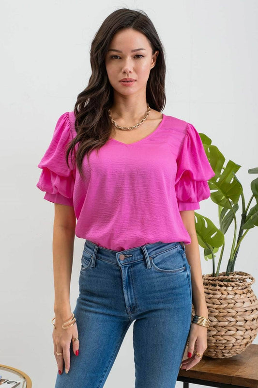 LAYERED BALLOON SLEEVE BLOUSE/HOT PINK