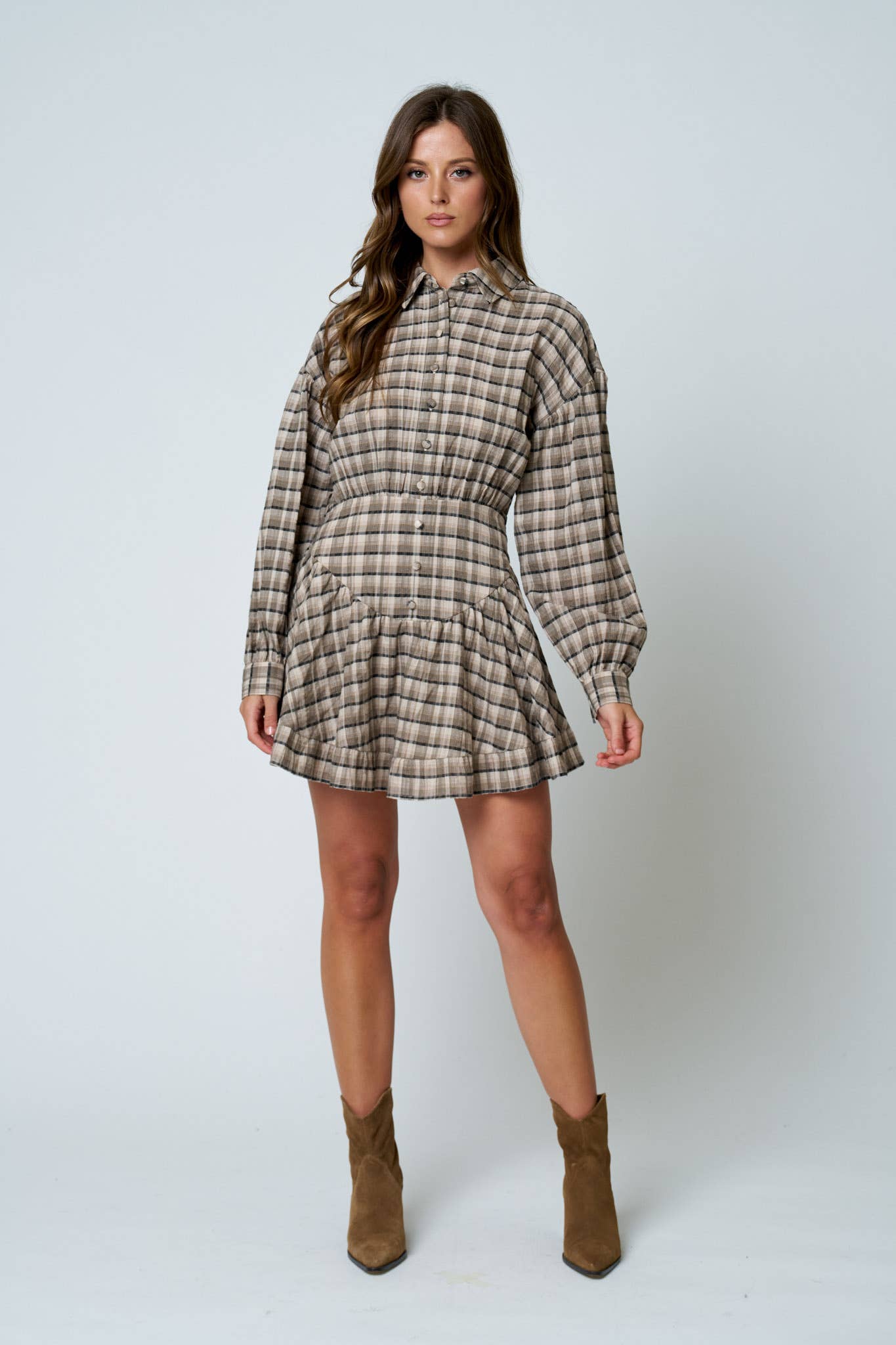 PLAID COLLARED LONG SLEEVE BASQUE WAIST MINI DRESS