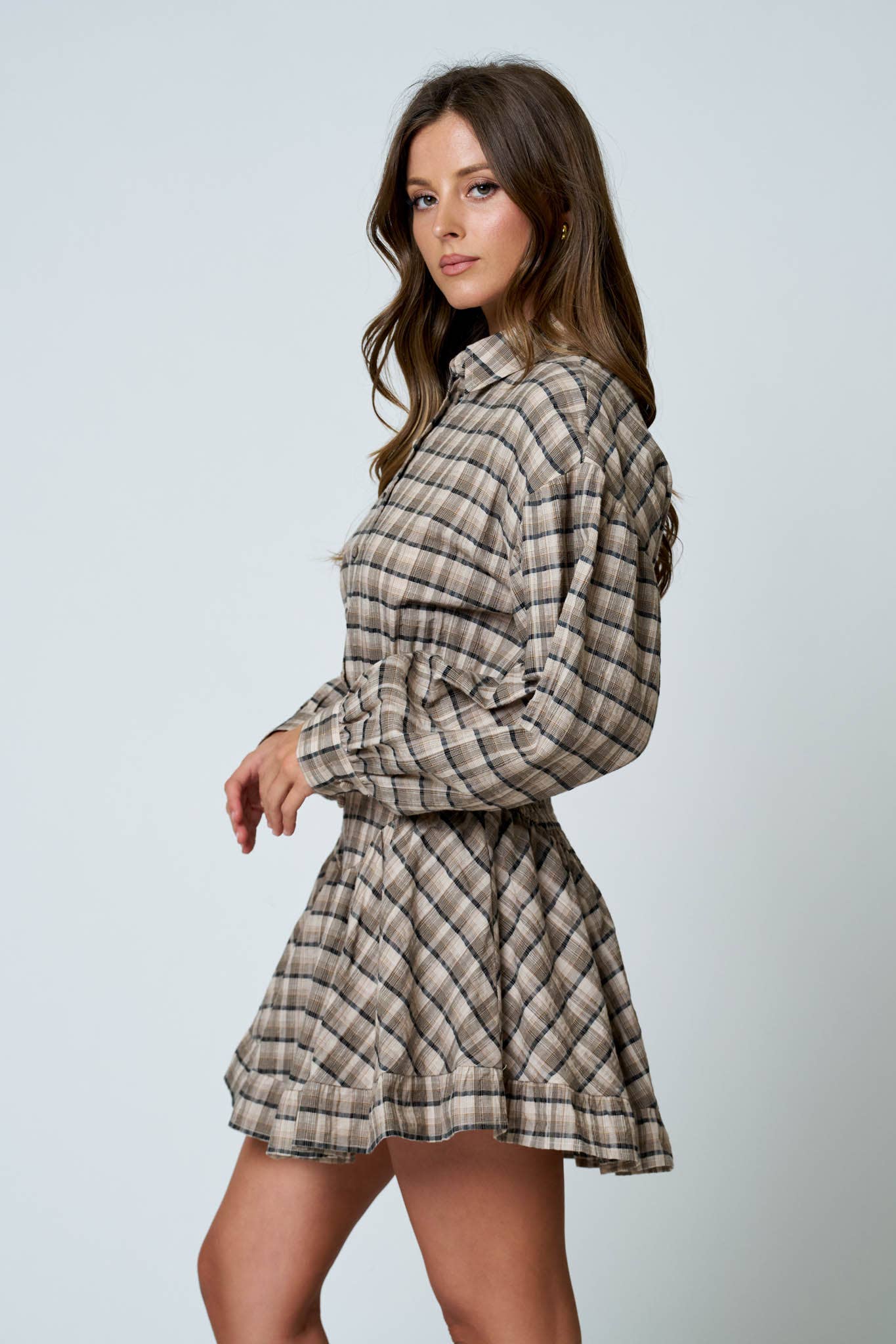 PLAID COLLARED LONG SLEEVE BASQUE WAIST MINI DRESS